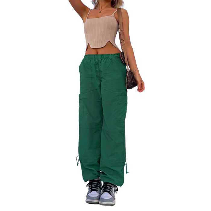 Multiple Pockets and Tie-up Straps Loose-fit Elastic Workwear Pants