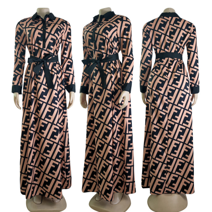 Fashionable Digital Printed Casual Loose Fitting Long Sleeved Large Swing Dress