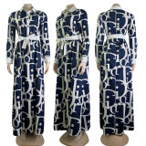 Fashionable Digital Printed Casual Loose Fitting Long Sleeved Large Swing Dress