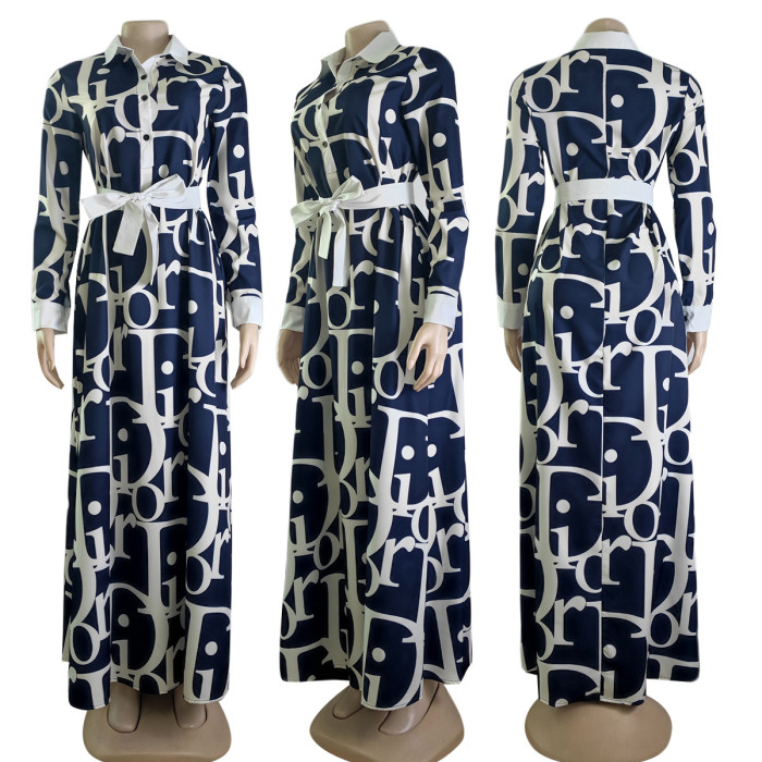 Fashionable Digital Printed Casual Loose Fitting Long Sleeved Large Swing Dress