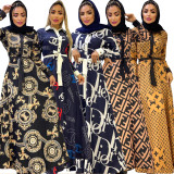 Fashionable Digital Printed Casual Loose Fitting Long Sleeved Large Swing Dress