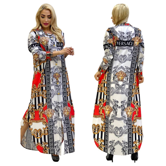 Fashionable Printed Women's Long Sleeved Long Shirt Dress