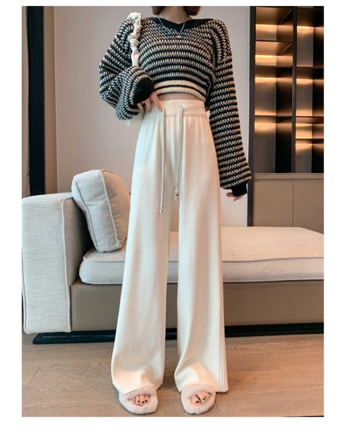 Women's Casual High-Waisted Solid Color Wide-Leg Knitted Pants