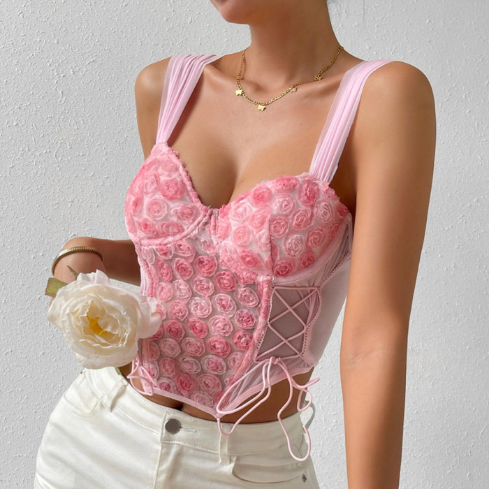 Sweet and Romantic Flower Lace Up Strap Top
