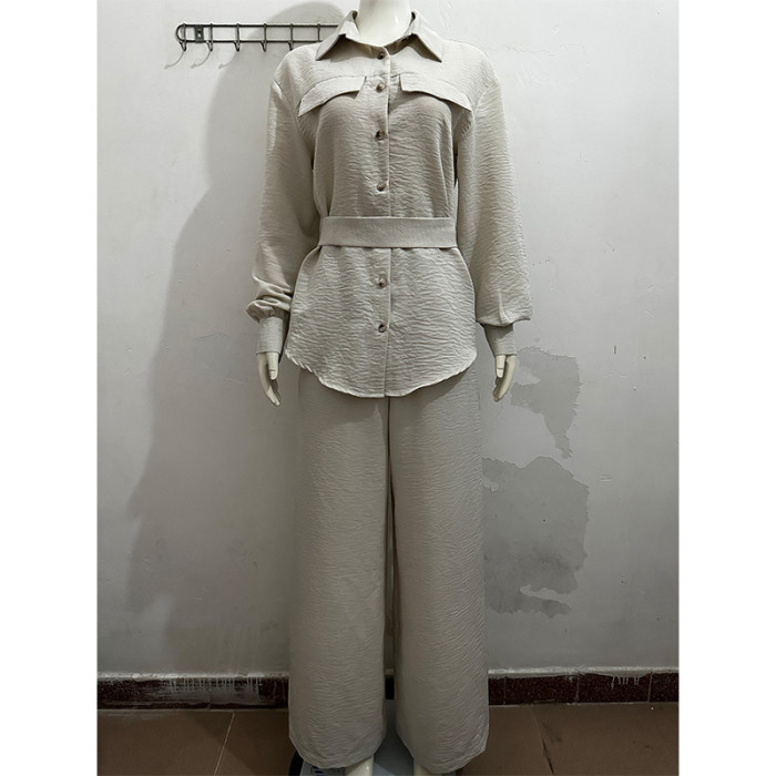 Casual Chic Lantern Sleeves Single-Breasted Cotton linen women Shirt High-Waisted Wide-Leg Pants Suit