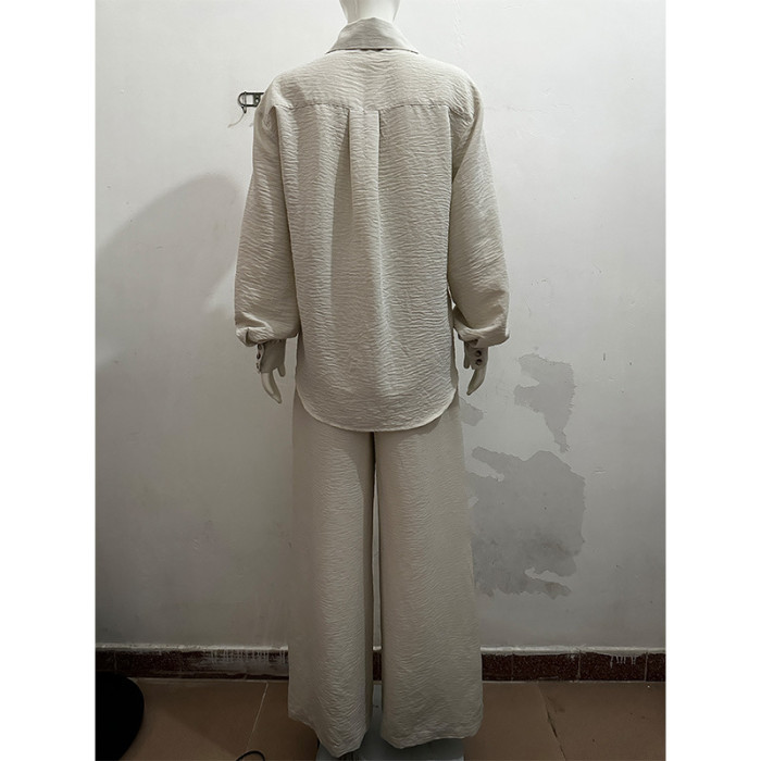 Casual Chic Lantern Sleeves Single-Breasted Cotton linen women Shirt High-Waisted Wide-Leg Pants Suit