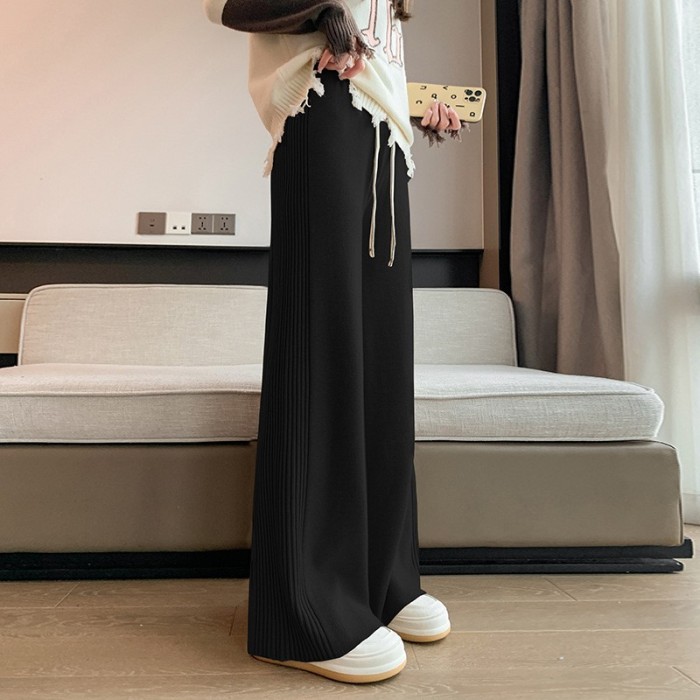 Women's Casual High-Waisted Solid Color Wide-Leg Knitted Pants