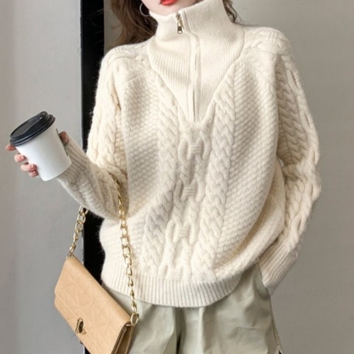Lazy Style Twisted High-Neck Zipper and Loose  Knit Sweater