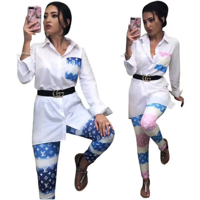 Fashion Printed Long Sleeved Sexy Patchwork Pocket Shirt set