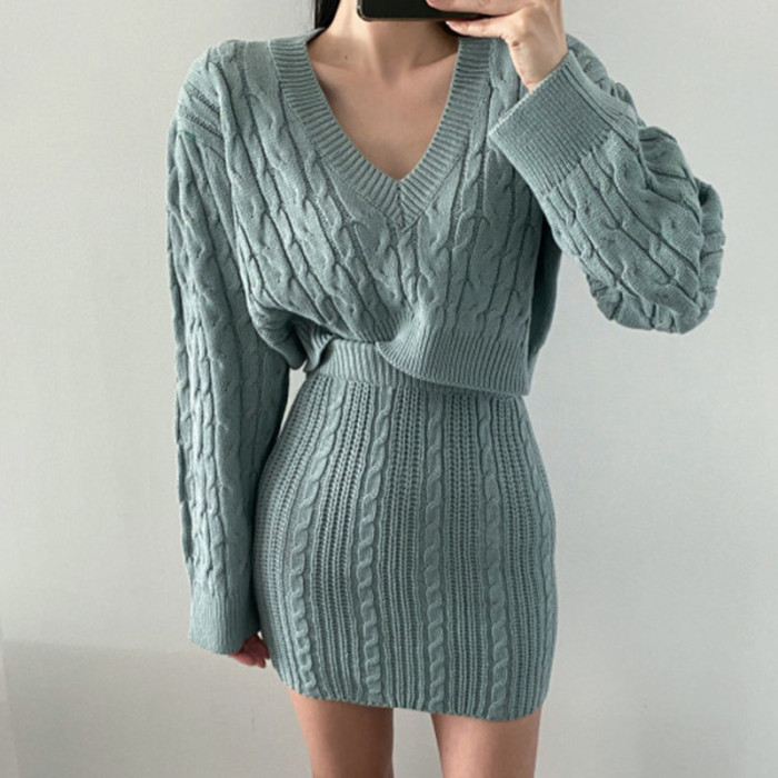 V-Neck Cable Knit Long Sleeve Sweater + High Waist Figure-Hugging Pencil Skirt