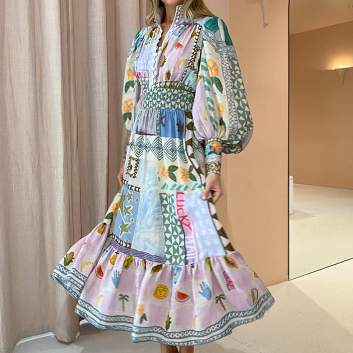 Elegant Printed Colorful Fashion Long Sleeve Dress