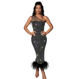 One-Shoulder Mesh Embellished Feather Bandage Dress