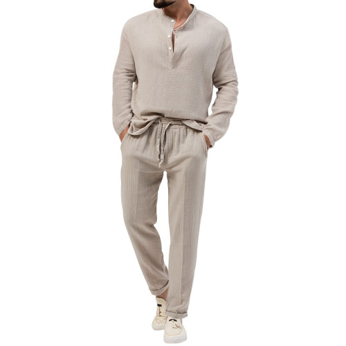 Men's Solid Color Casual T-Shirt Long Sleeve Shirt and Pants Set