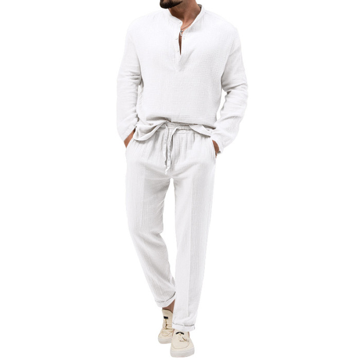 Men's Solid Color Casual T-Shirt Long Sleeve Shirt and Pants Set