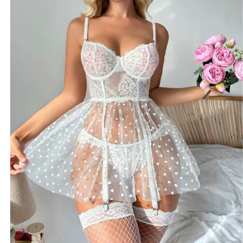 Sexy Women's Mesh See-Through Lace Temptation Sling Sleepwear Set