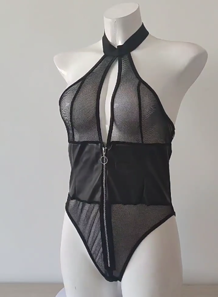 Sexy Women's Cut-Out Fishnet Backless Halter Patent Leather Lingerie