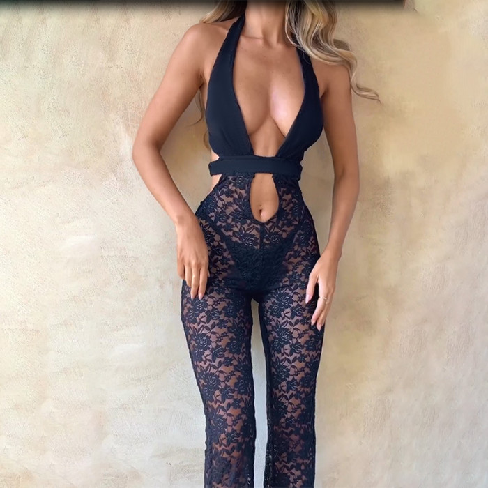 Sexy Halter Neck Sheer Lace and Hollow Out Jumpsuit