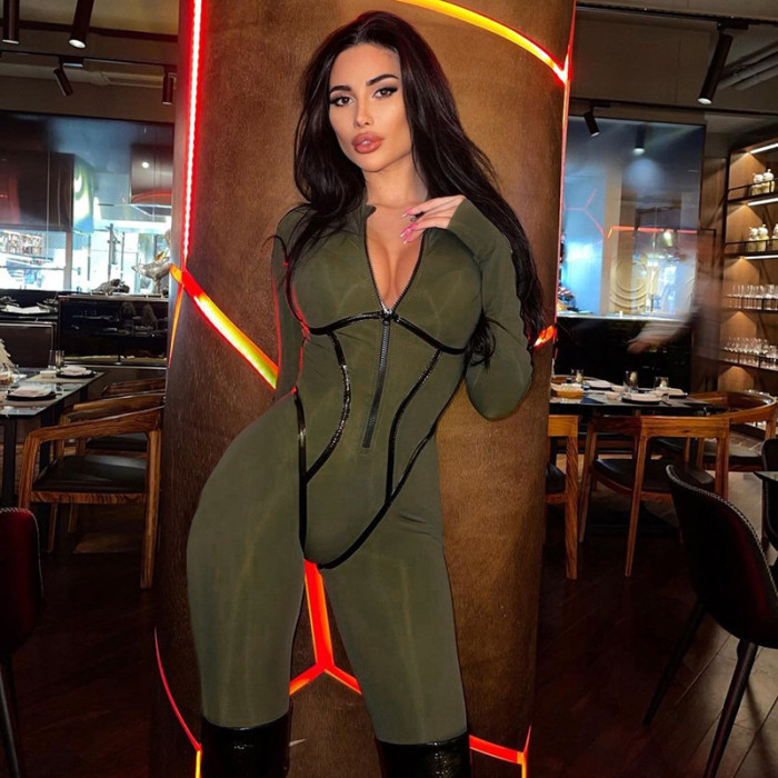 Fashionable Sporty Leather Weave Belt Line Long Sleeve Zipper Tight Lifting Jumpsuits