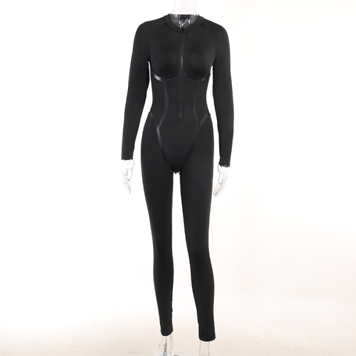Fashionable Sporty Leather Weave Belt Line Long Sleeve Zipper Tight Lifting Jumpsuits