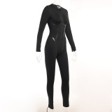 Fashionable Sporty Leather Weave Belt Line Long Sleeve Zipper Tight Lifting Jumpsuits
