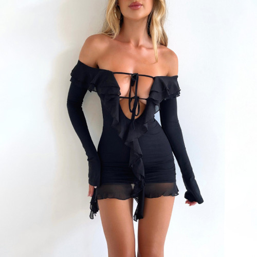One-Shoulder Strap Hollow Out Long Sleeve Dress with Lotus Leaf Edge
