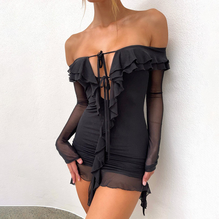 One-Shoulder Strap Hollow Out Long Sleeve Dress with Lotus Leaf Edge