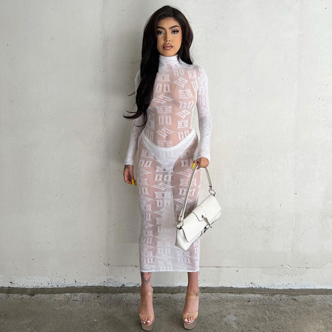 Letter Printed Sexy Perspective lace Long-sleeved Dress