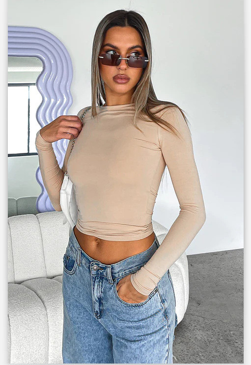 Solid Color Round Neck Slim Fit Long Sleeve T-Shirt Top