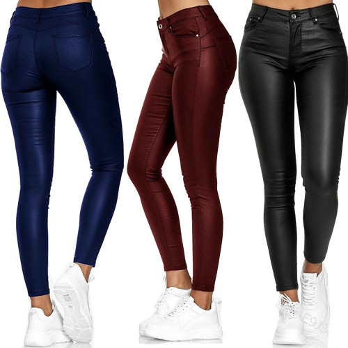 High-Waisted Monochromatic Leather Casual Pants with Skinny Legs