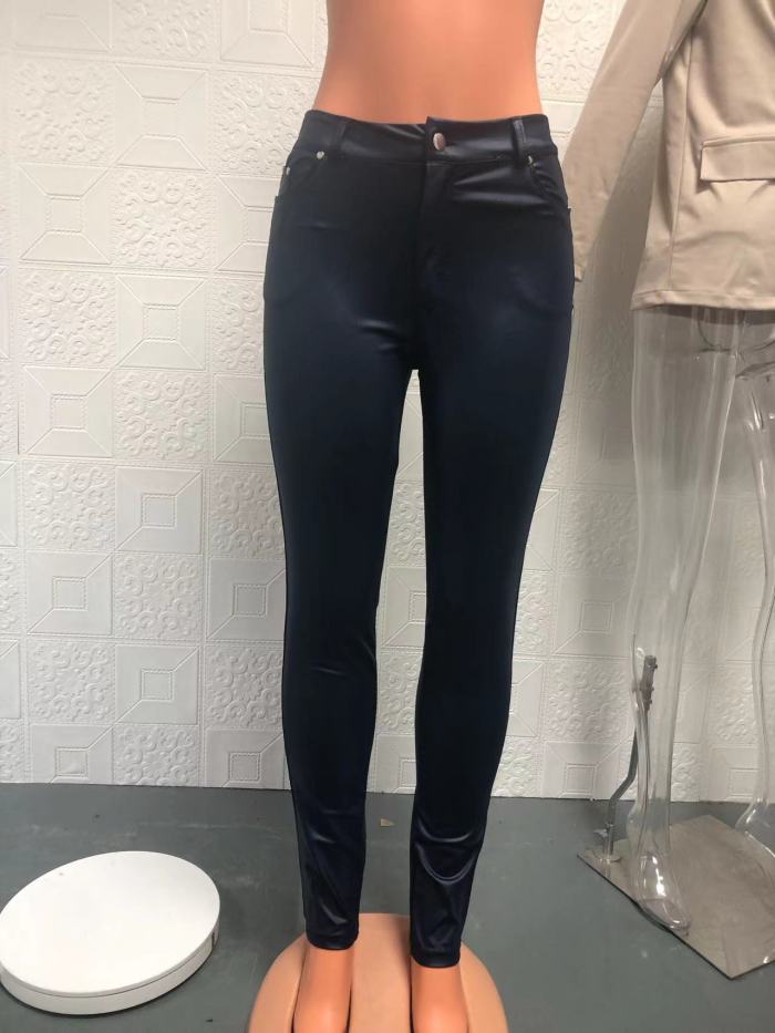 High-Waisted Monochromatic Leather Casual Pants with Skinny Legs