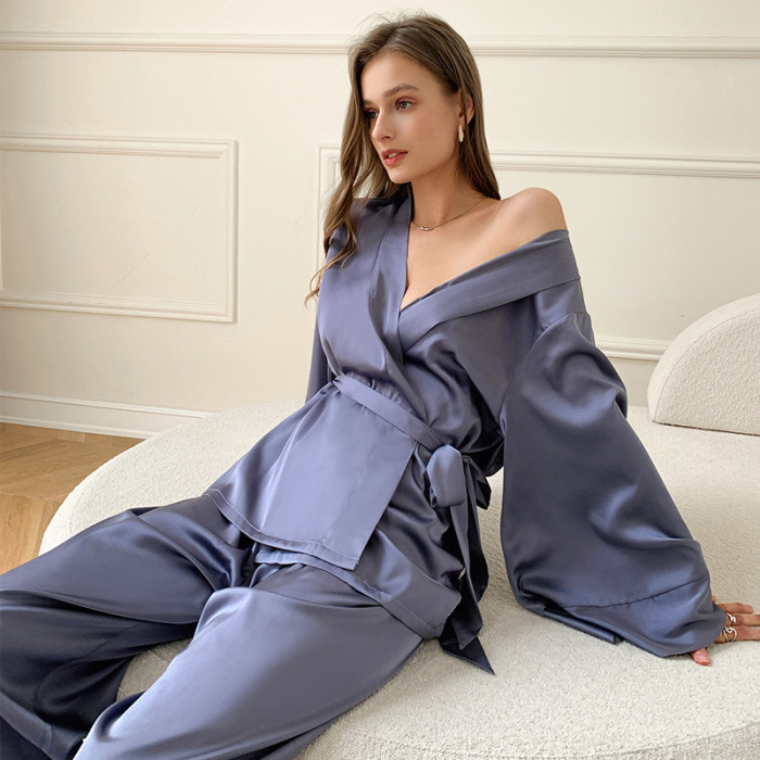 Long-sleeved French-style Ice Silk Satin Home Wear Thin Set