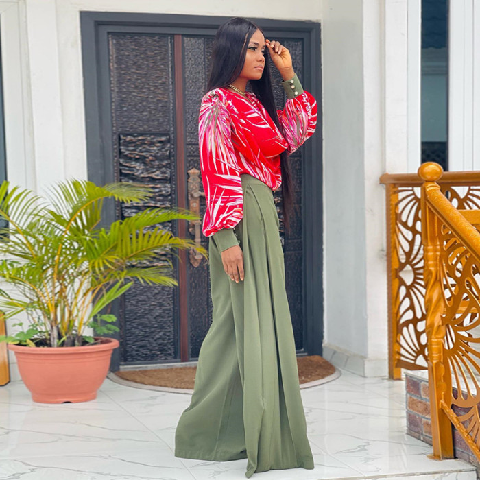 Statement Lantern Sleeve Shirt and Wide-Leg Trousers Casual Set