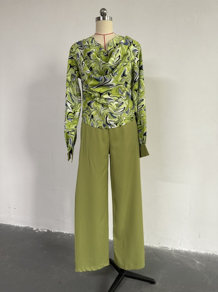 Statement Lantern Sleeve Shirt and Wide-Leg Trousers Casual Set