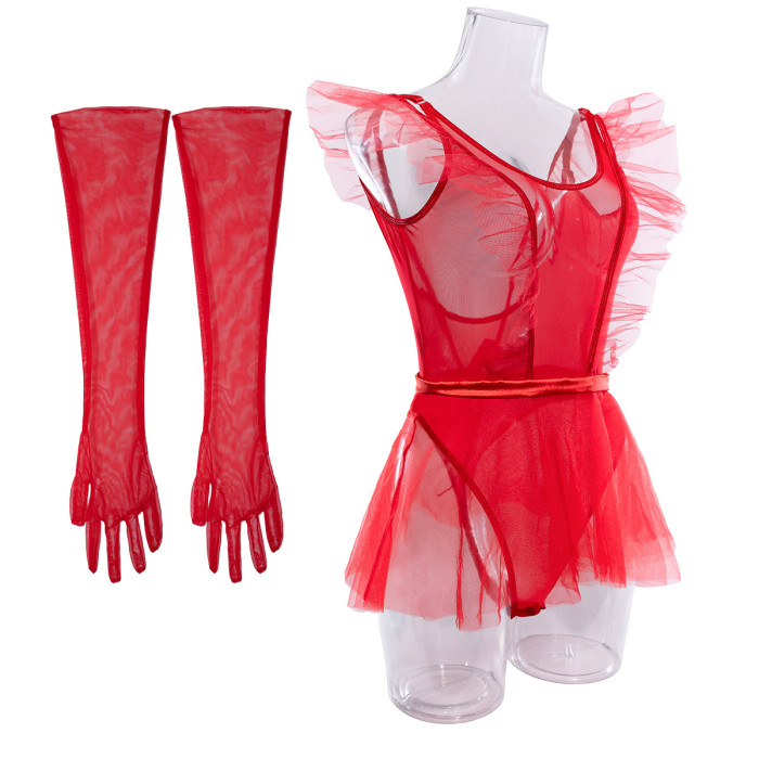 Sexy Mesh Bodysuit with Fluffy Skirt and Gloves Set