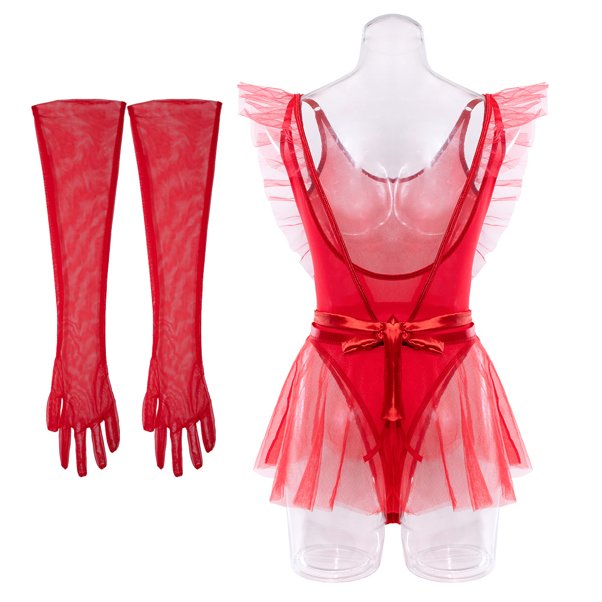 Sexy Mesh Bodysuit with Fluffy Skirt and Gloves Set
