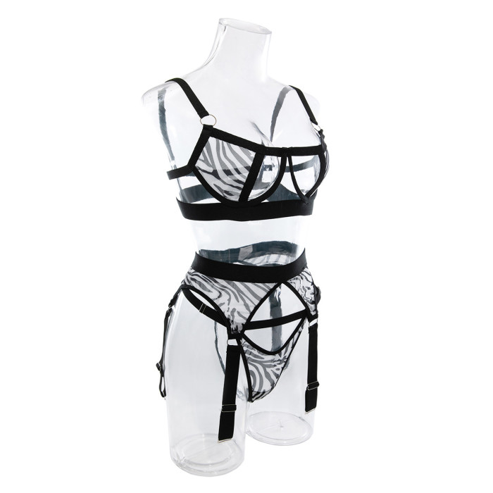 Zebra Sheer Seductive Lingerie Set with Garter and Thigh-High Stockings