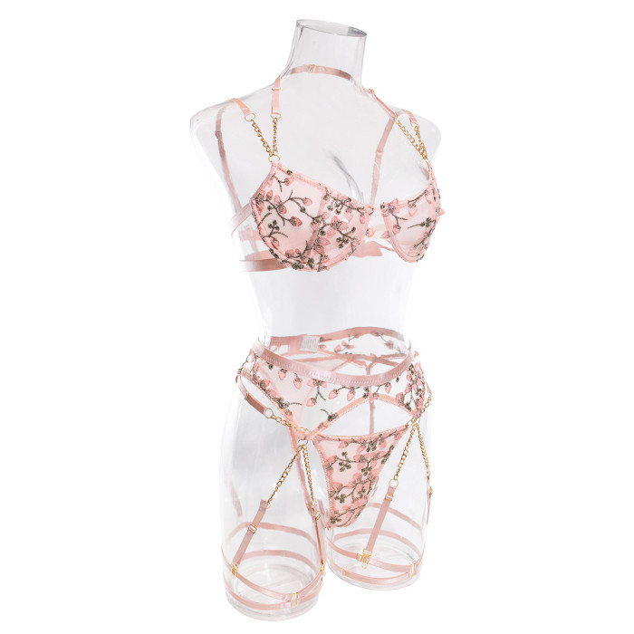 Embroidered Floral Cut-Out Chain Detail Lingerie Set