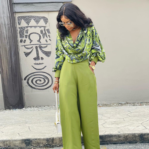 Statement Lantern Sleeve Shirt and Wide-Leg Trousers Casual Set