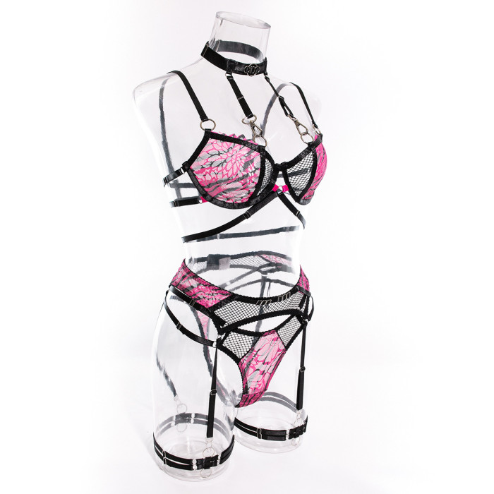 Seductive Neck Strap and Metal Clips Lace and Mesh Combo Suspender Belt lingerie Set