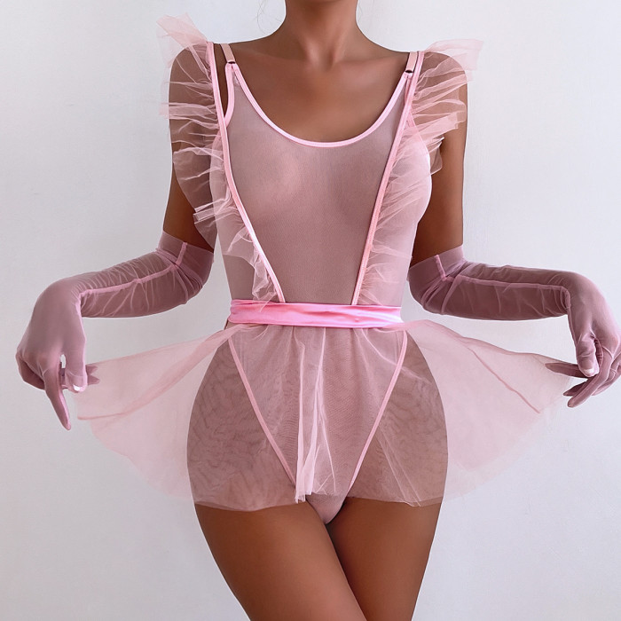 Sexy Mesh Bodysuit with Fluffy Skirt and Gloves Set