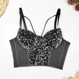 Sparkling Mesh and Velvet Beaded Embroidery and Sexy Straps Crop Top