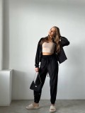 Autumn Zipper Long Sleeve Elastic Waist Pocket Jogger Pants Velvet Casual Two-Piece Set