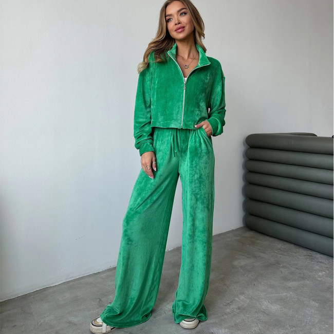 Versatile Velvet Set - Zipper Collar Jacket and Wide Leg Pants