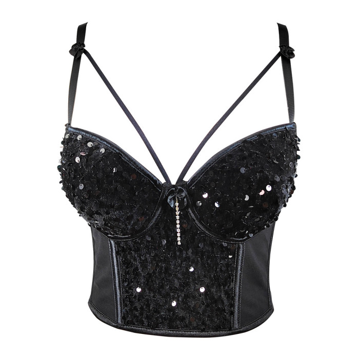 Sparkling Mesh and Velvet Beaded Embroidery and Sexy Straps Crop Top