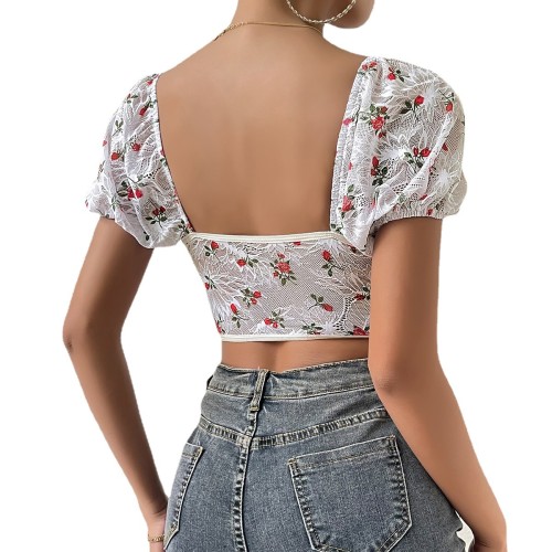 Floral Lace Sheer Puff Sleeve Steel Boning Corset Top