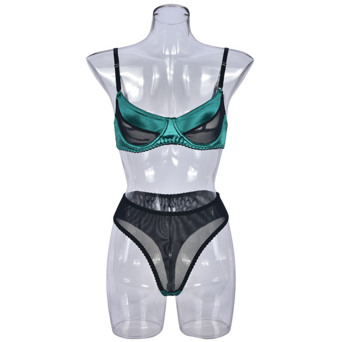 High Elastic Satin Splicing Mesh with Steel Ring Sexy Lingerie Set