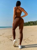 Seamless One Shoulder Yoga Set Solid Color Hollow Out Back Braided Set