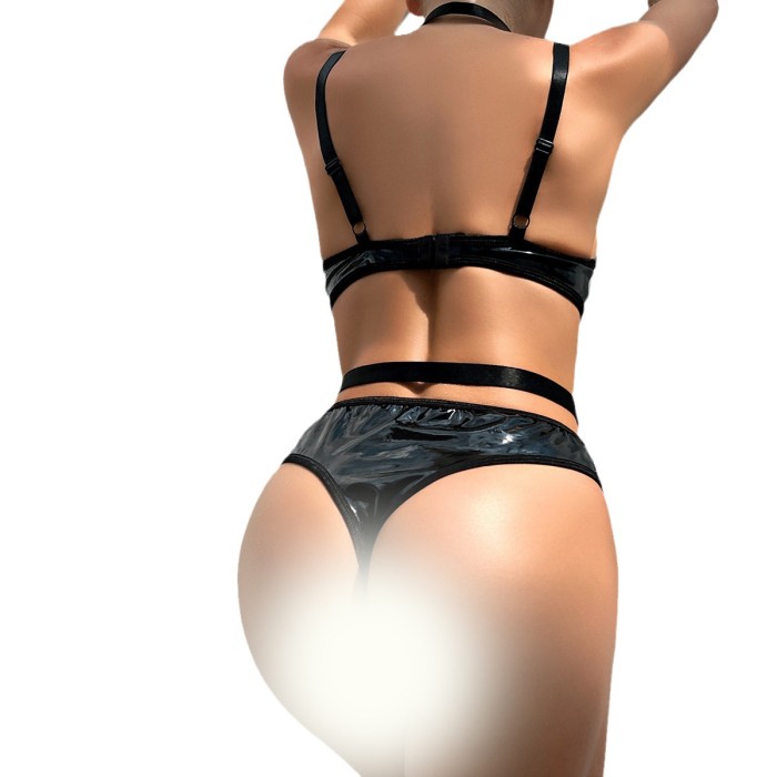 Sexy Patent Leather Hollow Out Backless Bodysuit Gaming Lingerie