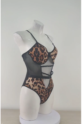 Strappy Halter Neck Leopard Print Sheer Seductive Bodysuit