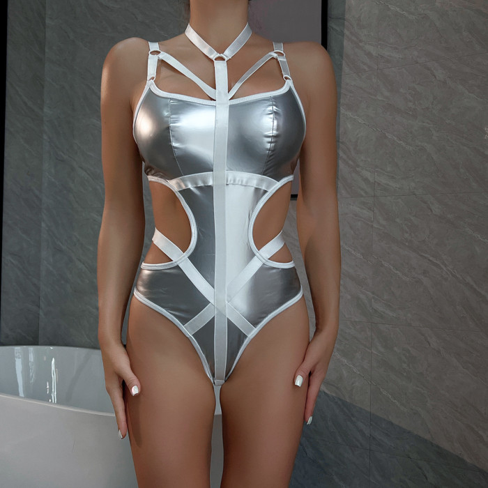 Sexy Patent Leather Hollow Out Backless Bodysuit Gaming Lingerie
